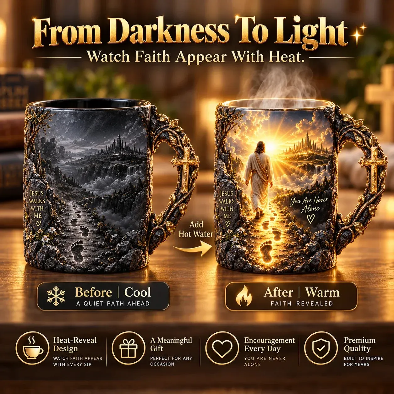 🔥Last Day 49% OFF♥✝️ Jesus Walks With Me – Heat-Reveal Faith Mug | You Are Never Alone