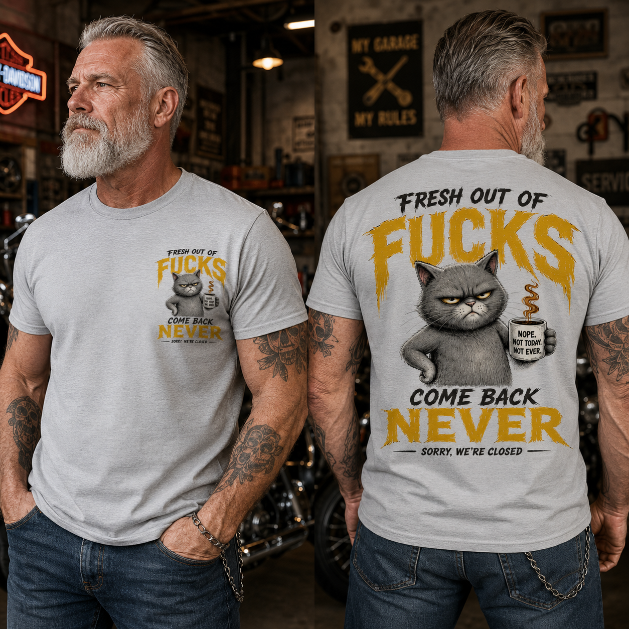 Fresh Out Of F*cks Cat Dad Graphic Tee – Come Back Never Funny Cat Shirt