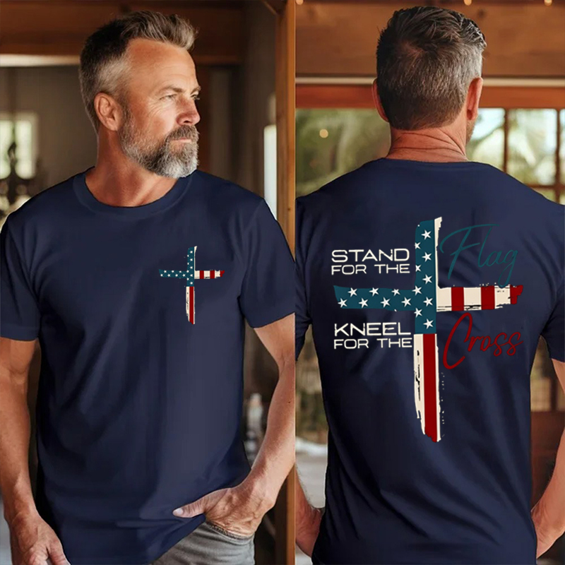 Patriotic Christian Faith T-Shirt – Stand for Flag Kneel for Cross Religious American Pride Cross Design Tee