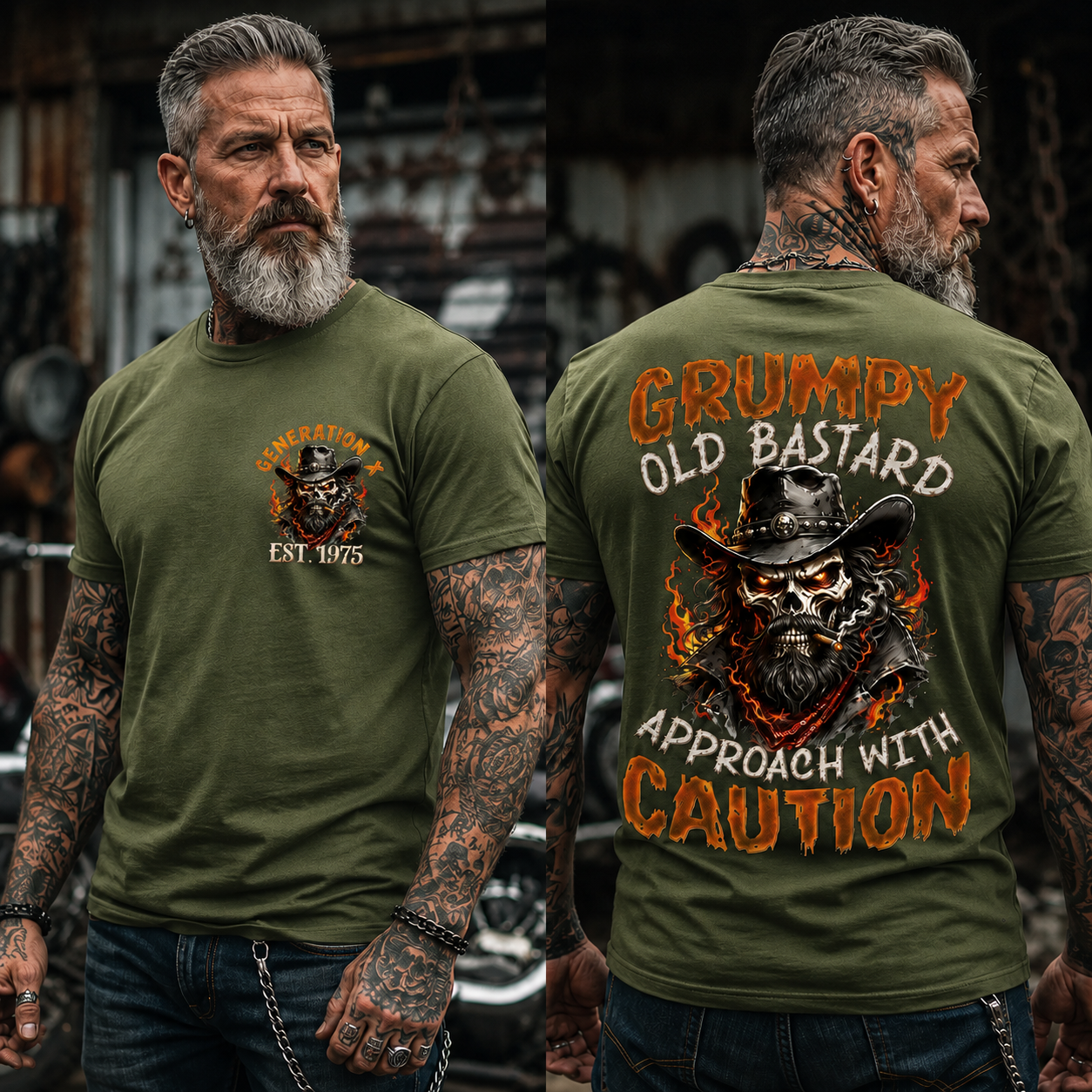 Personalization Year Boomer/Gen X T Shirt, Grumpy Old Bastard Approach With Caution Skull Graphic T-Shirt