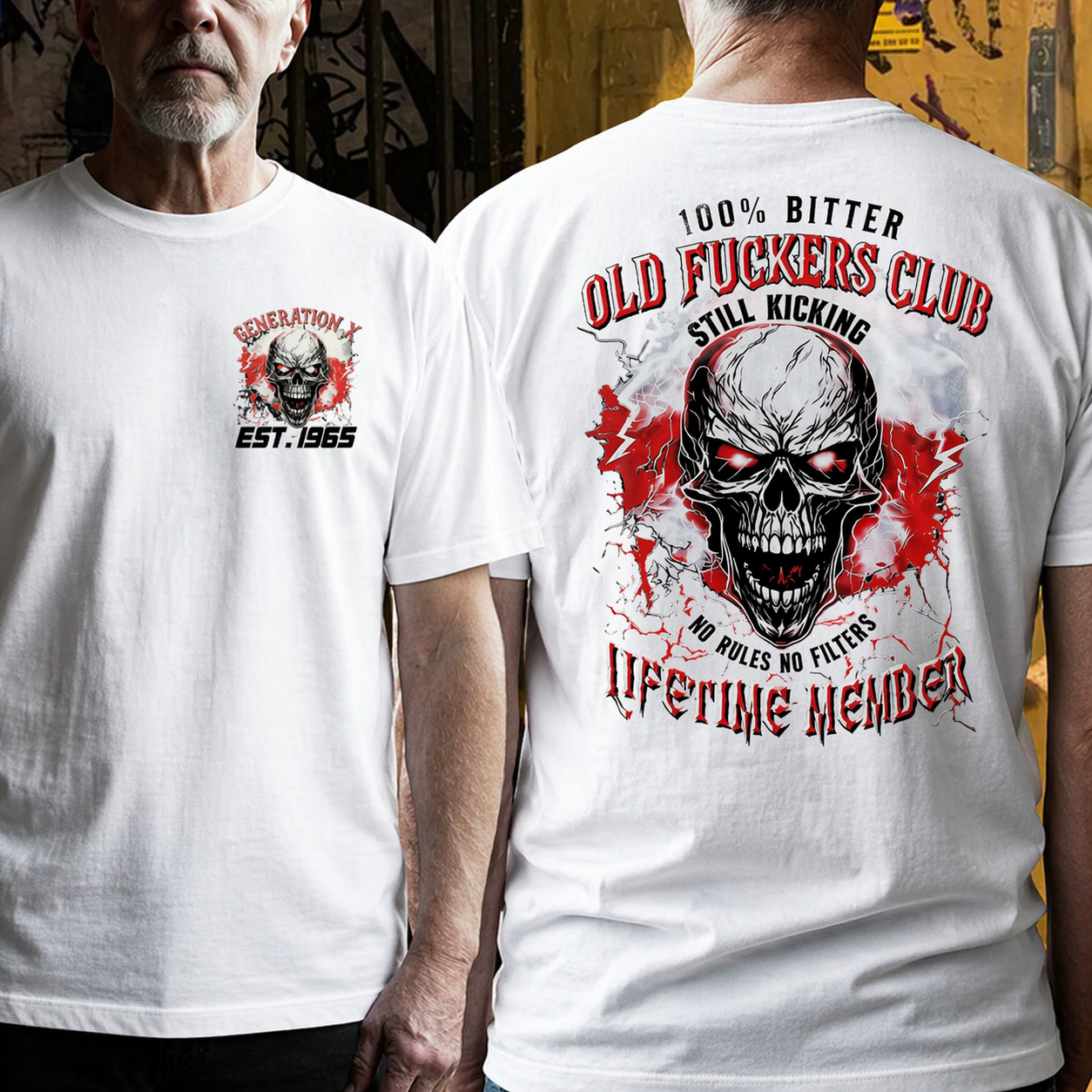 100% Bitter Old F*** Club Hardcore Biker Style | Skull Graphic Boomer/Gen X/Y T-Shirts