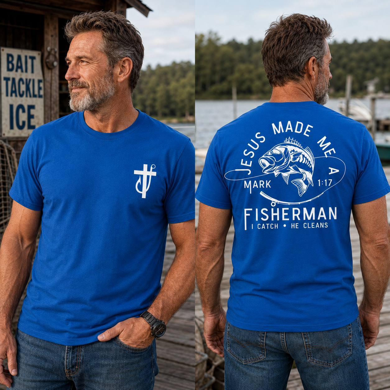 Jesus Made Me A Fisherman T-Shirt - Bold Fishing Graphic With Mark 1:17 Verse , I Catch He Cleans Quote , Faith Based Christian Tee , Fisherman Gift Shirt , Unisex Comfortable Wear , Outdoor Daily Tee Classic
