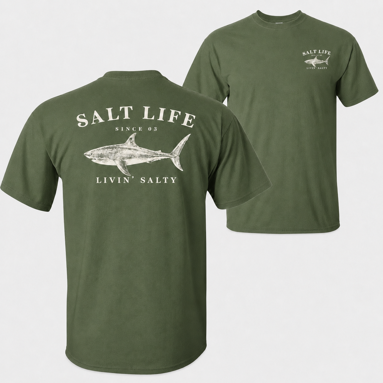 Salt Life Livin Salty Shark Fishing T Shirt for Men, Breathable Offshore Angler Tee, Ocean Lifestyle Top, Trendy Outdoor Beach Vacation Outfits Going Out Outfit