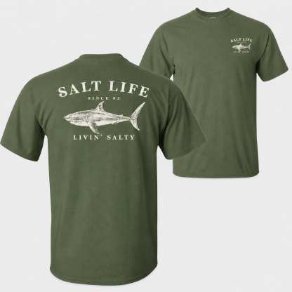 Salt Life Livin Salty Shark Fishing T Shirt for Men, Breathable Offshore Angler Tee, Ocean Lifestyle Top, Trendy Outdoor Beach Vacation Outfits Going Out Outfit