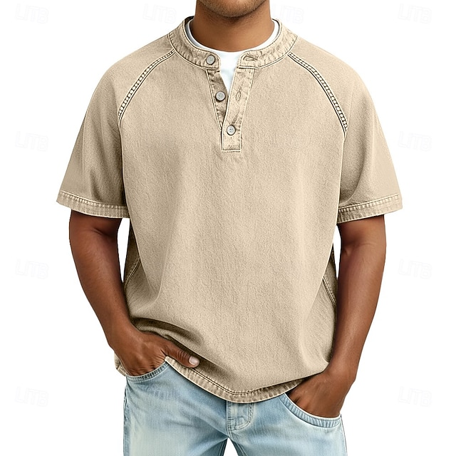 Men's T Shirt Henley Shirt 100% Cotton Acid Wash Shirt Tee Top Short Sleeve Plain Vintage Streetwear
