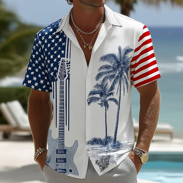 Men's 4th of July U.S. Guitar American Flag Shirt Summer Shirt 