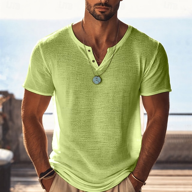 Men's Cotton Linen T Shirt Knit Tee Tee Top Short Sleeve V Neck Summer Solid Color Fashion Lightweight