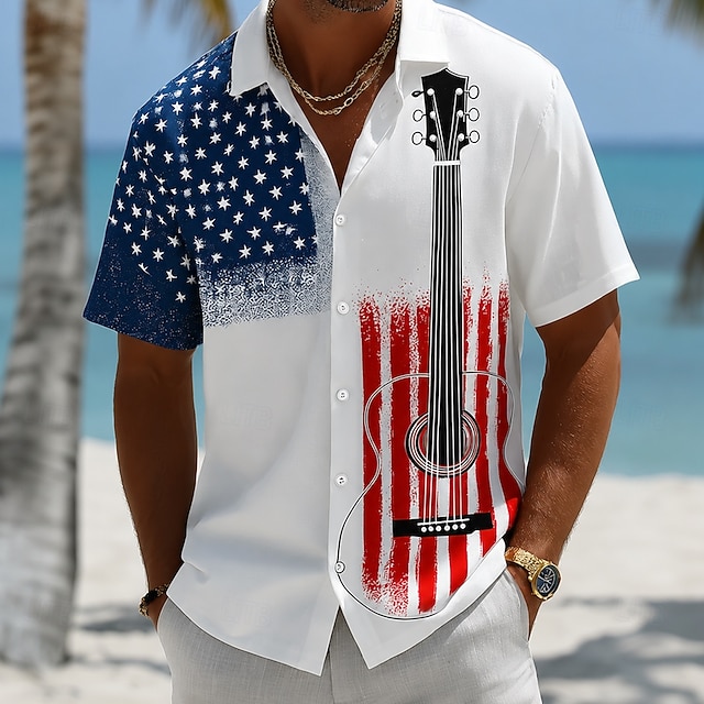 Men's 4th of July U.S. Guitar American Flag Shirt Summer Shirt