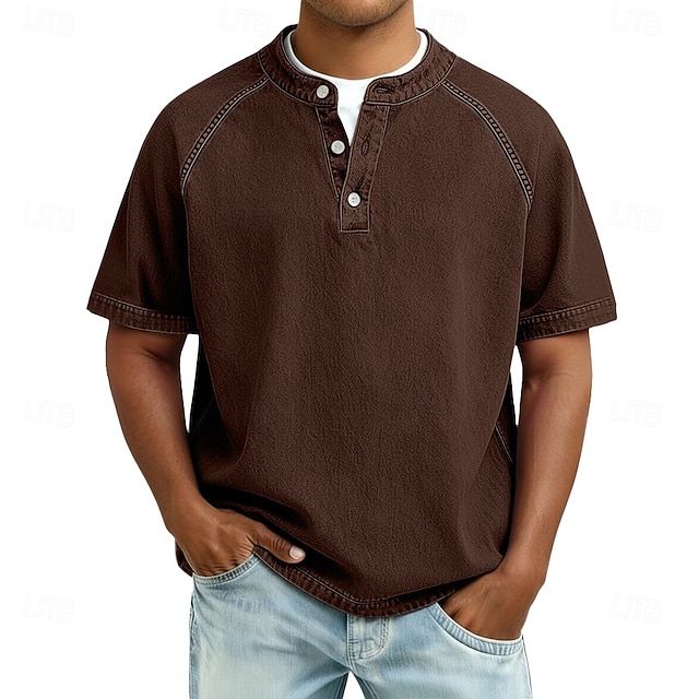 Men's T Shirt Henley Shirt 100% Cotton Acid Wash Shirt Tee Top Short Sleeve Plain Vintage Streetwear
