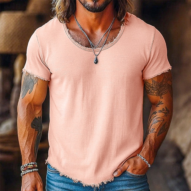 Men's Tee Top Linen T-Shirt Short Sleeve Short Sleeves Crew Neck Summer Plain Fashion Designer Basic Soft Raw Edge