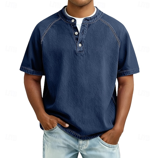 Men's T Shirt Henley Shirt 100% Cotton Acid Wash Shirt Tee Top Short Sleeve Plain Vintage Streetwear