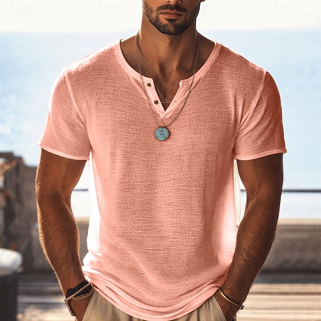 Men's Cotton Linen T Shirt Knit Tee Tee Top Short Sleeve V Neck Summer Solid Color Fashion Lightweight