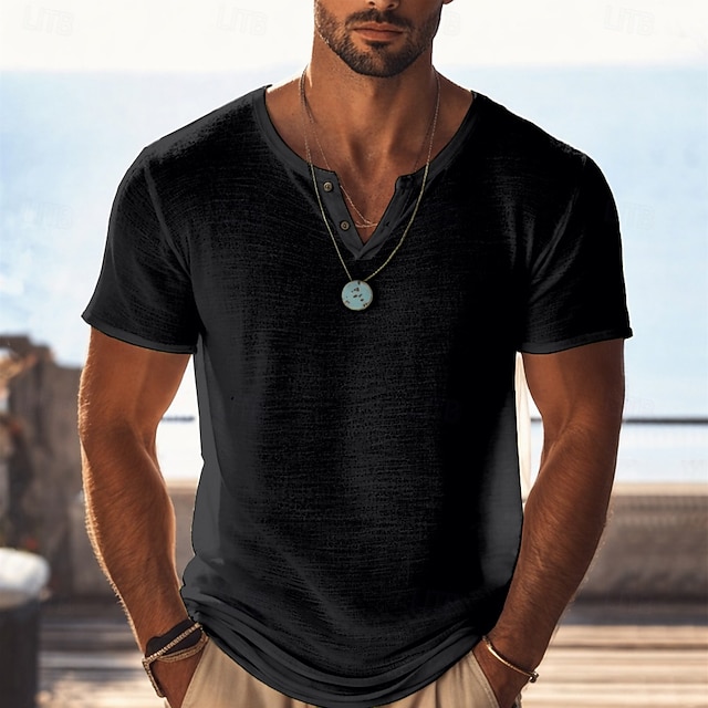 Men's Cotton Linen T Shirt Knit Tee Tee Top Short Sleeve V Neck Summer Solid Color Fashion Lightweight