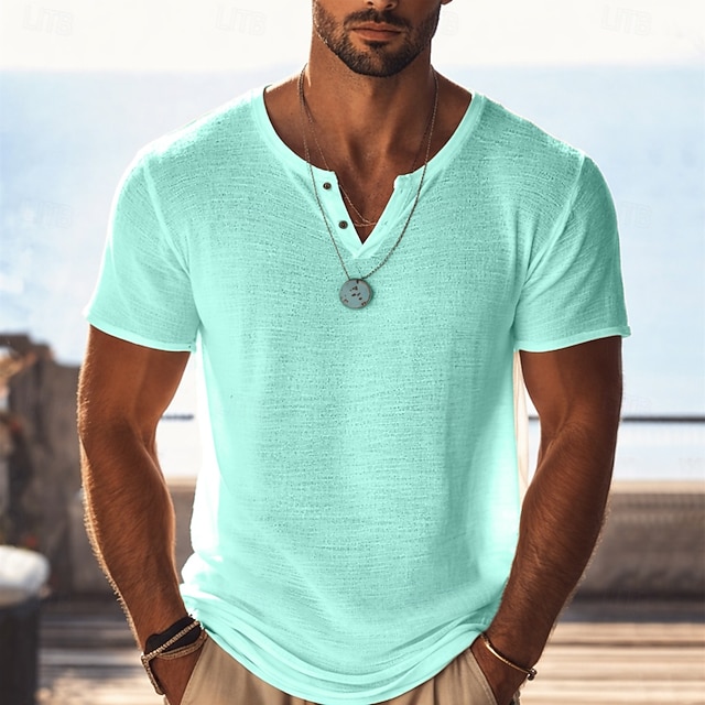 Men's Cotton Linen T Shirt Knit Tee Tee Top Short Sleeve V Neck Summer Solid Color Fashion Lightweight