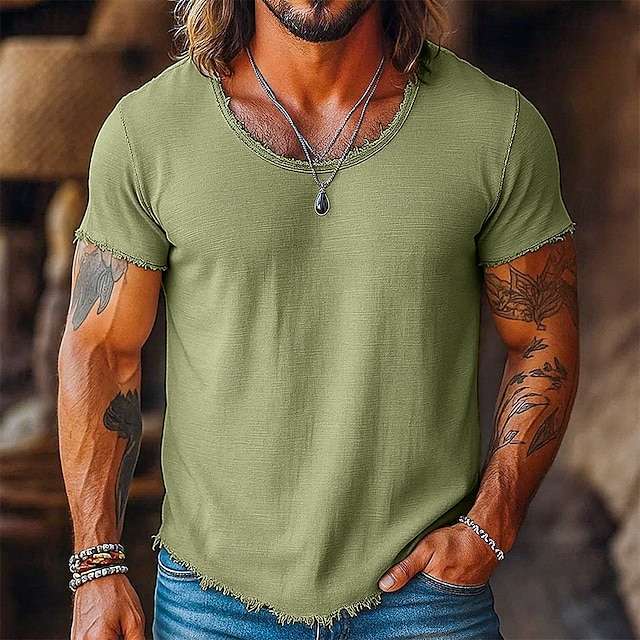 Men's Tee Top Linen T-Shirt Short Sleeve Short Sleeves Crew Neck Summer Plain Fashion Designer Basic Soft Raw Edge