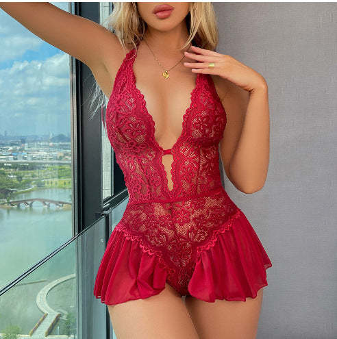 Women's Solid Color Lace Sexy Breathable Lingerie Teddy Bodysuit