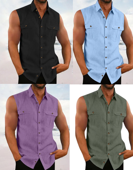 👔 Chemise Sans Manches Homme Col Chemise à Deux Poches Poitrine – Haut Décontracté à Boutons Naturels Coupe Ample