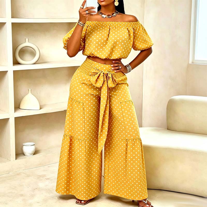 👒 50% DE RÉDUCTION ✨ Ensemble femme épaules dénudées à pois – Taille haute élégante & léger – Indispensable de l’été – parfait pour les journées chaudes, les vacances ou un look rétro-chic 🍋