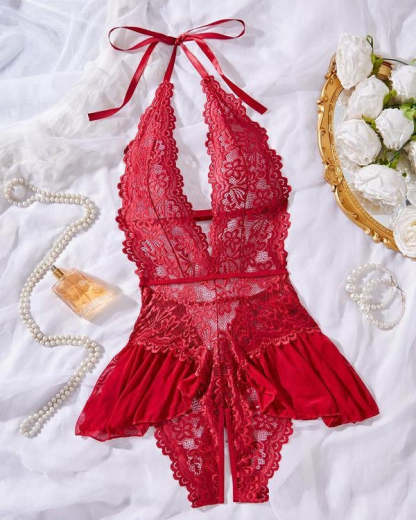 Women's Solid Color Lace Sexy Breathable Lingerie Teddy Bodysuit