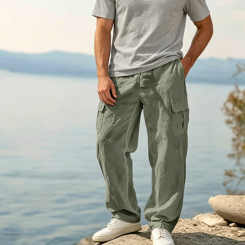 Pantalon Cargo Homme Coton & Lin – Coupe Loose, Respirant, Poches Multiples, Taille Cordon