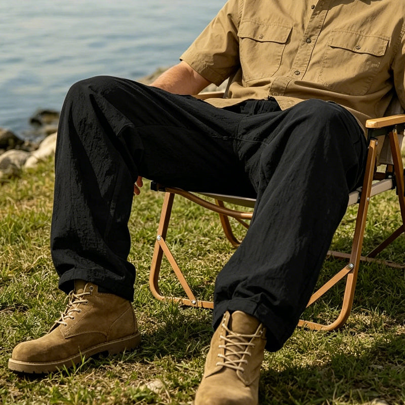 Pantalon Cargo Homme Coton & Lin – Coupe Loose, Respirant, Poches Multiples, Taille Cordon