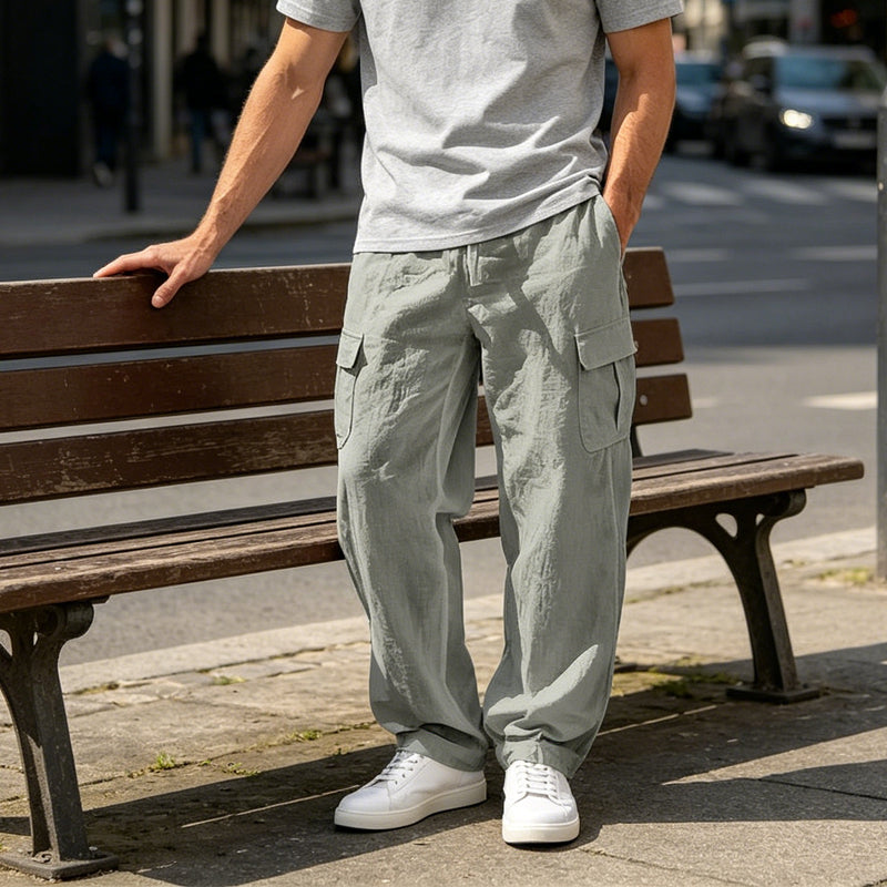 Pantalon Cargo Homme Coton & Lin – Coupe Loose, Respirant, Poches Multiples, Taille Cordon