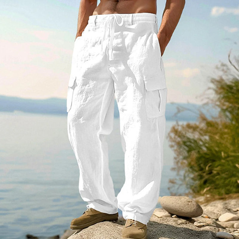 Pantalon Cargo Homme Coton & Lin – Coupe Loose, Respirant, Poches Multiples, Taille Cordon
