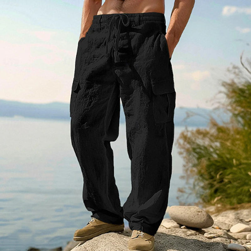 Pantalon Cargo Homme Coton & Lin – Coupe Loose, Respirant, Poches Multiples, Taille Cordon