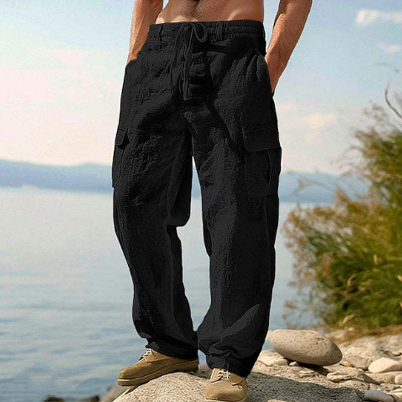 Pantalon Cargo Homme Coton & Lin – Coupe Loose, Respirant, Poches Multiples, Taille Cordon