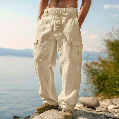 Pantalon Cargo Homme Coton & Lin – Coupe Loose, Respirant, Poches Multiples, Taille Cordon