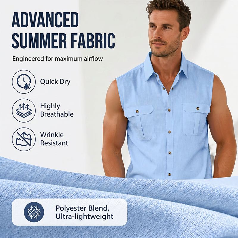 👔 Chemise Sans Manches Homme Col Chemise à Deux Poches Poitrine – Haut Décontracté à Boutons Naturels Coupe Ample