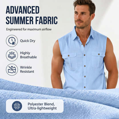 👔 Chemise Sans Manches Homme Col Chemise à Deux Poches Poitrine – Haut Décontracté à Boutons Naturels Coupe Ample
