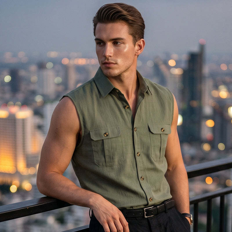👔 Chemise Sans Manches Homme Col Chemise à Deux Poches Poitrine – Haut Décontracté à Boutons Naturels Coupe Ample