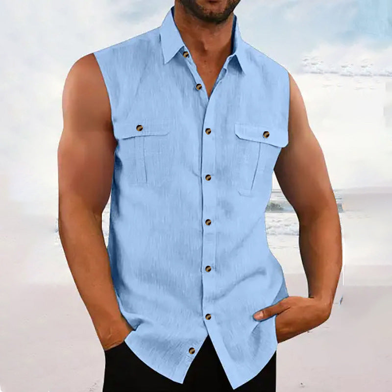 👔 Chemise Sans Manches Homme Col Chemise à Deux Poches Poitrine – Haut Décontracté à Boutons Naturels Coupe Ample
