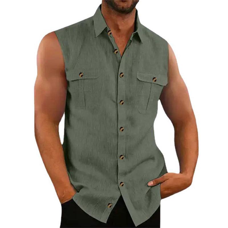 👔 Chemise Sans Manches Homme Col Chemise à Deux Poches Poitrine – Haut Décontracté à Boutons Naturels Coupe Ample