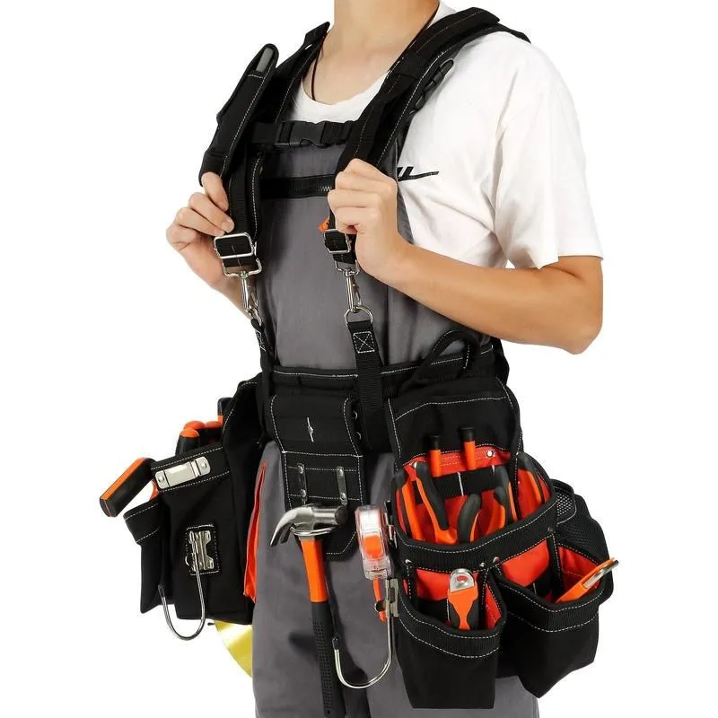 Heavy-Duty Tool Belt With Suspenders – 34 Pocket Multifunctional Work Organizer