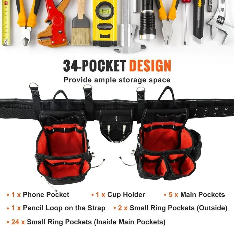 Heavy-Duty Tool Belt With Suspenders – 34 Pocket Multifunctional Work Organizer