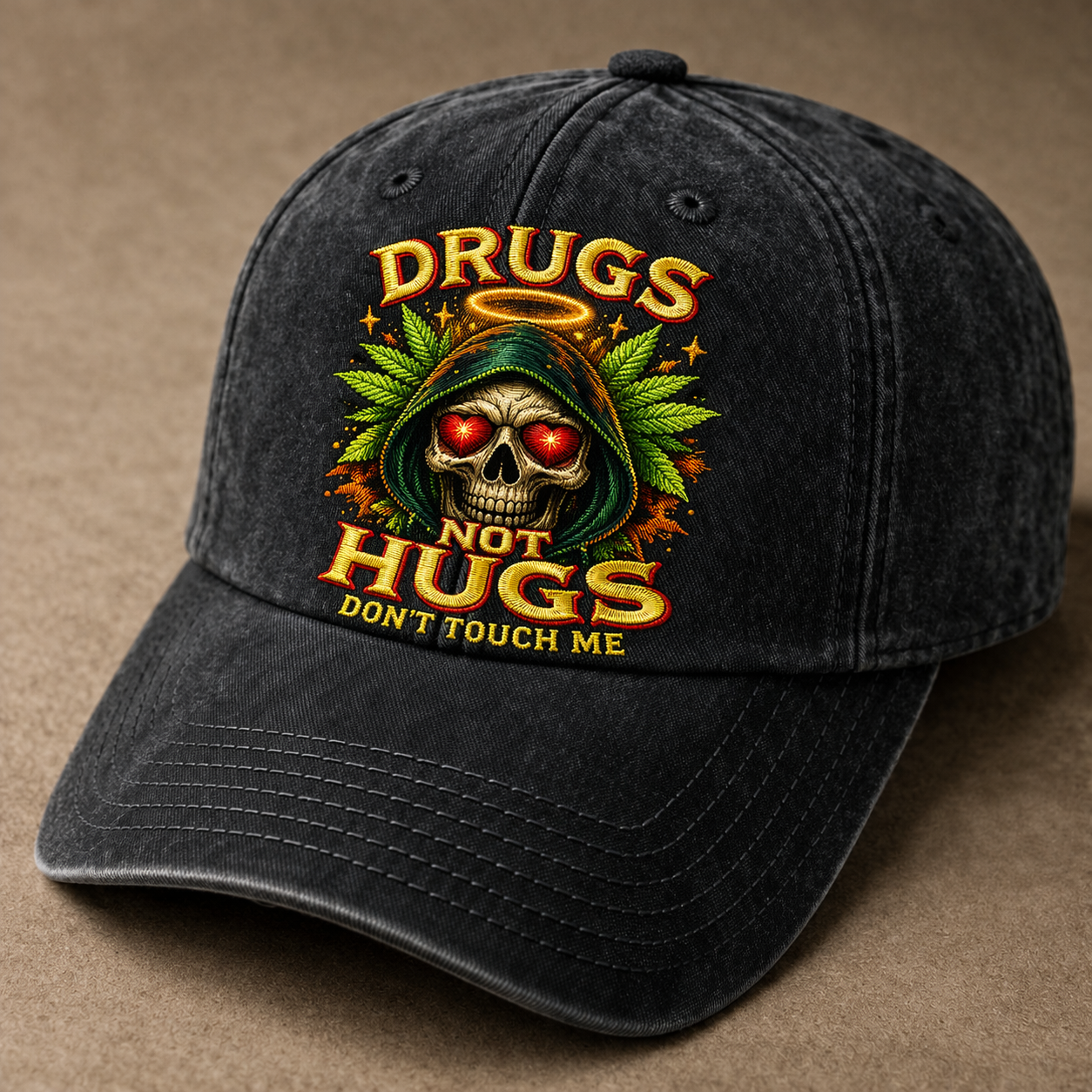 Drugs Not Hugs Skull Embroidered Baseball Cap – Vintage Washed Statement Dad Hat