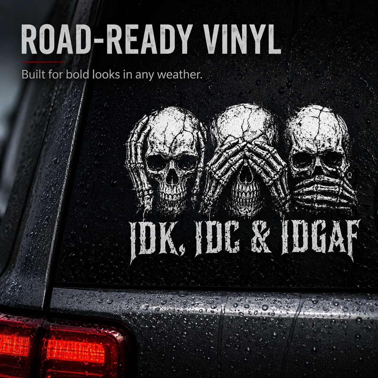 "IDK, IDC & IDGAF" Skull-Themed Car Decal