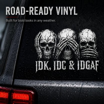 "IDK, IDC & IDGAF" Skull-Themed Car Decal