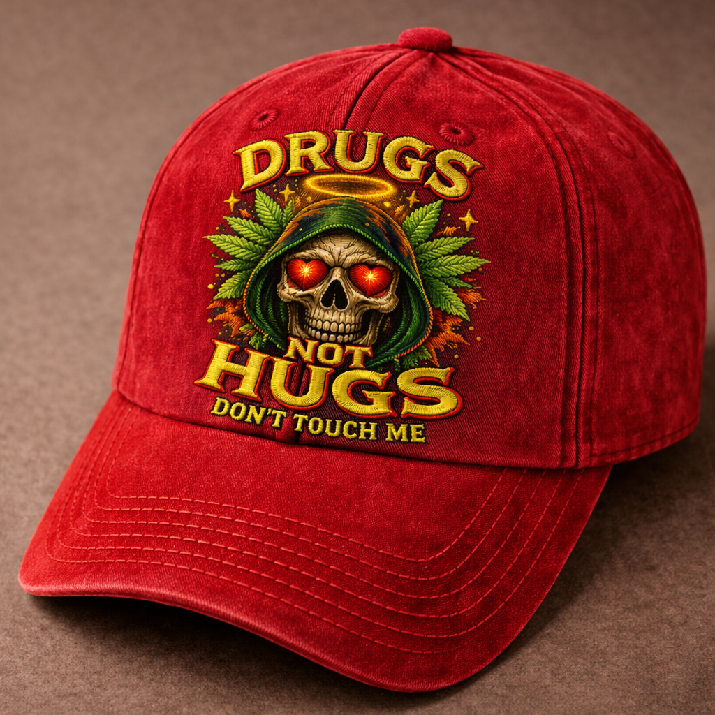Drugs Not Hugs Skull Embroidered Baseball Cap – Vintage Washed Statement Dad Hat