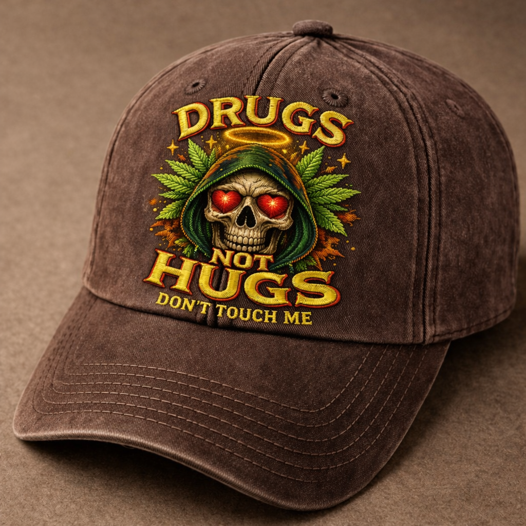 Drugs Not Hugs Skull Embroidered Baseball Cap – Vintage Washed Statement Dad Hat