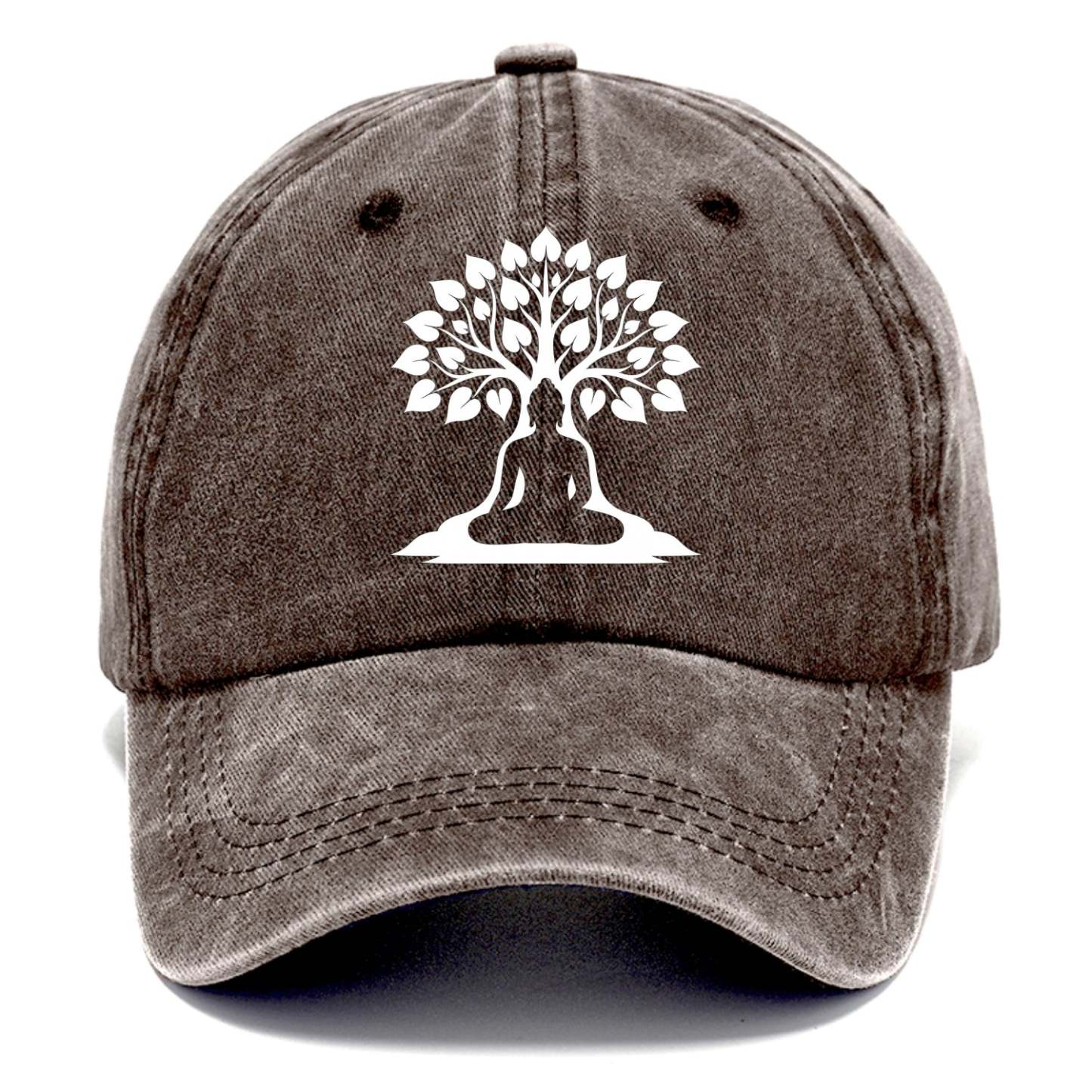 Buddha silhouette meditating - negative space forms bodhi tree - Classic Cap - Brown