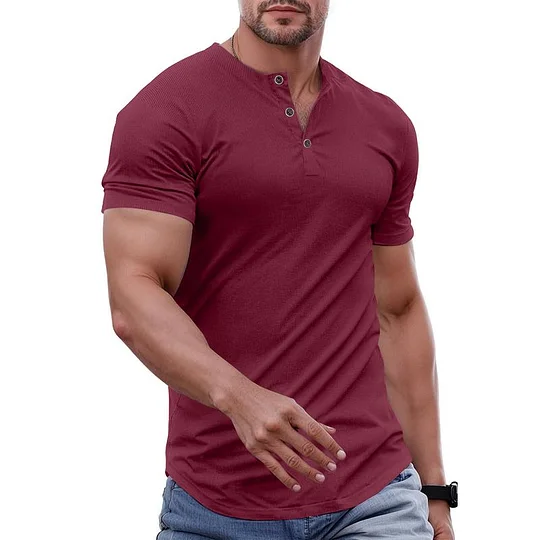 Men's Plain Muscle Slim Fitted Henley Shirts Crewneck T-Shirt