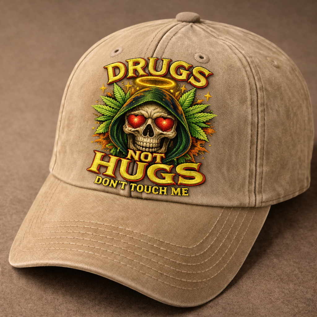 Drugs Not Hugs Skull Embroidered Baseball Cap – Vintage Washed Statement Dad Hat