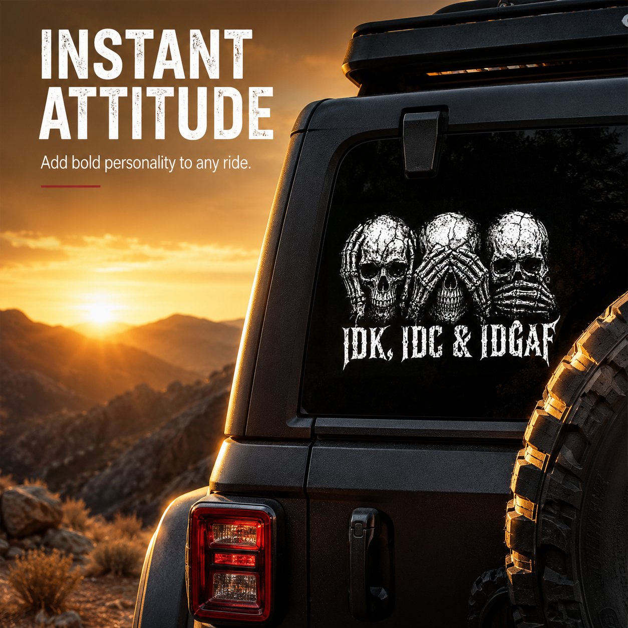 "IDK, IDC & IDGAF" Skull-Themed Car Decal