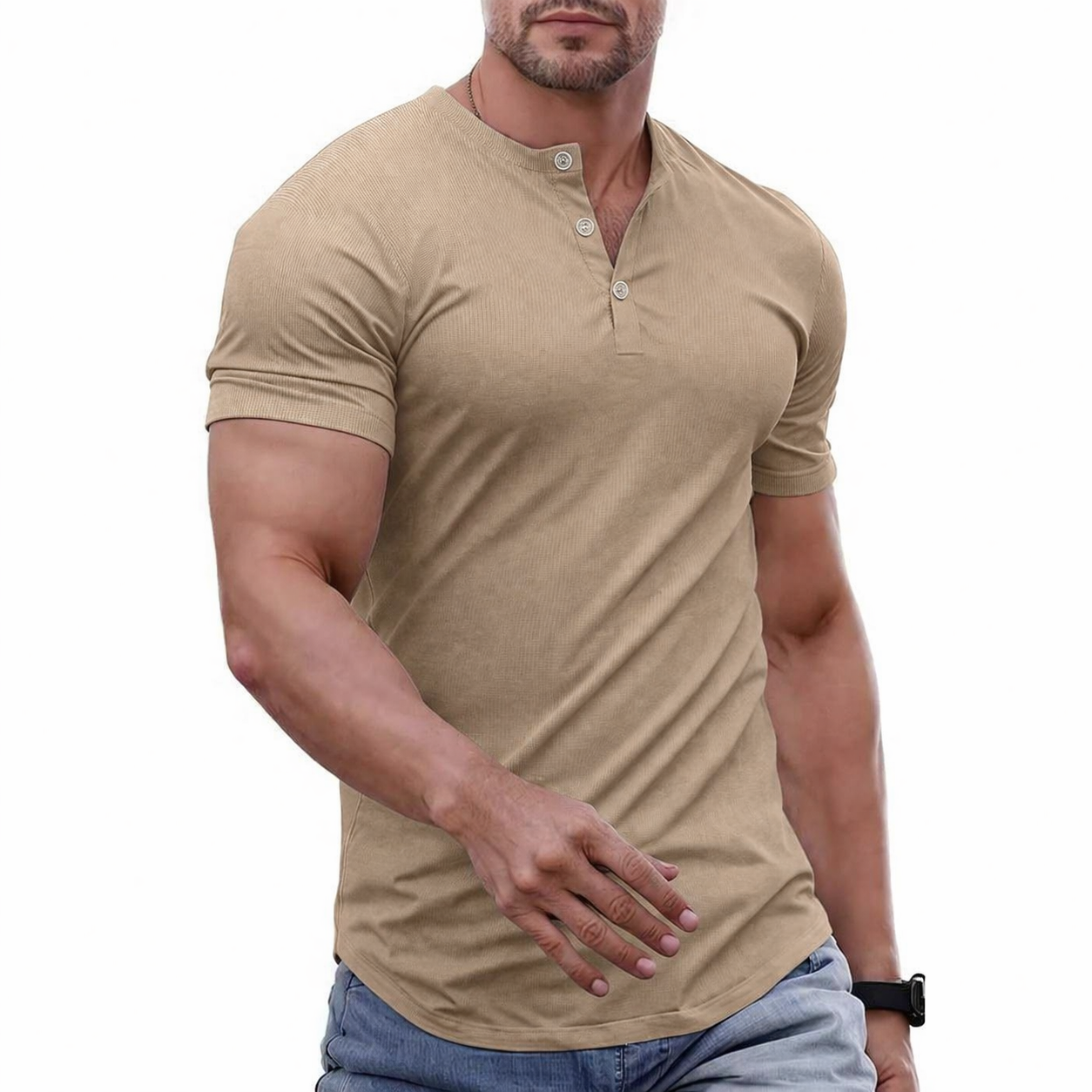 Men's Plain Muscle Slim Fitted Henley Shirts Crewneck T-Shirt