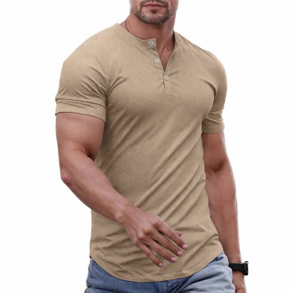 Men's Plain Muscle Slim Fitted Henley Shirts Crewneck T-Shirt