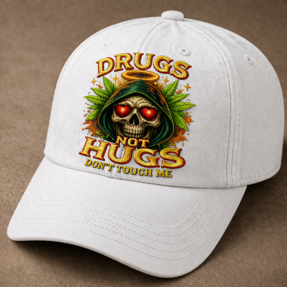 Drugs Not Hugs Skull Embroidered Baseball Cap – Vintage Washed Statement Dad Hat