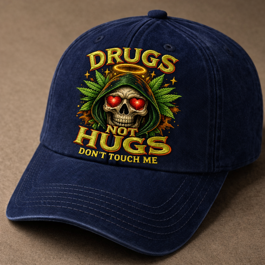Drugs Not Hugs Skull Embroidered Baseball Cap – Vintage Washed Statement Dad Hat